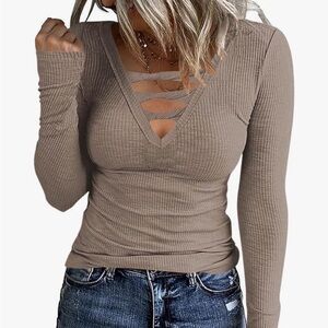 Women's Ribbed V-Neck Long Sleeve Top - Tan
